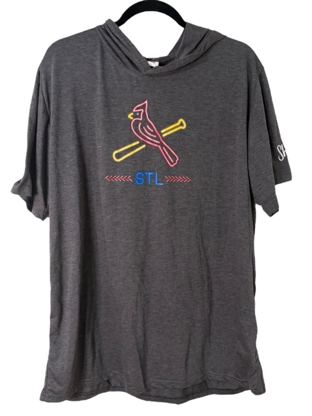 St Louis Cardinals Hooded T Shirt XL Neon Bird Graphic Gray Short Sleeve MLB